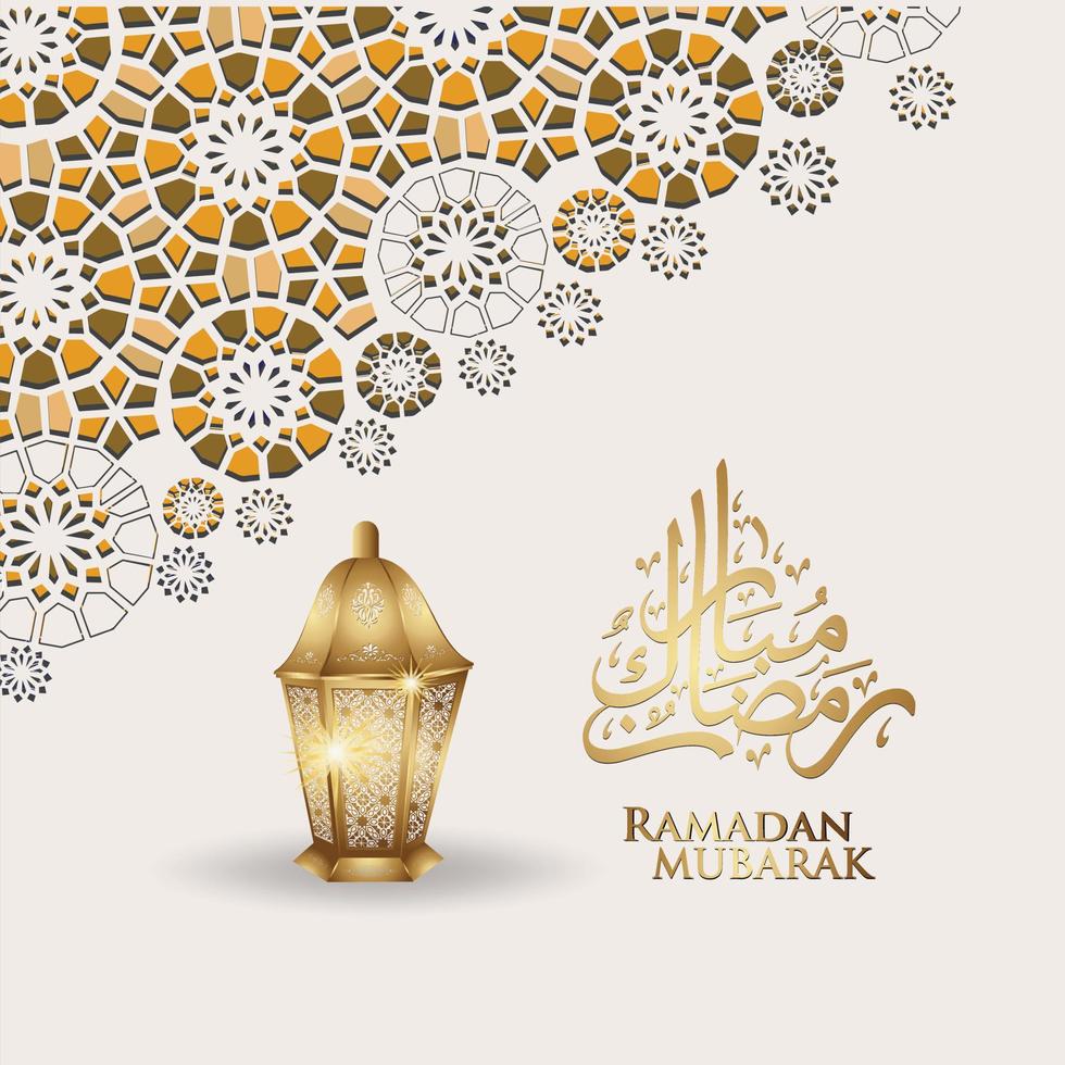 luxe en elegant design ramadan kareem met Arabische kalligrafie, traditionele lantaarn en islamitische sier kleurrijke detail van mozaïek voor islamitische groet.vector illustratie. vector