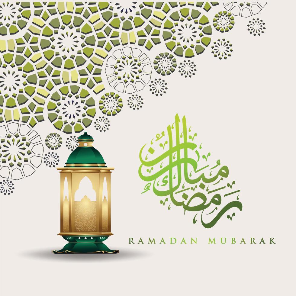 luxe en elegant design ramadan kareem met Arabische kalligrafie, traditionele lantaarn en islamitische sier kleurrijke detail van mozaïek voor islamitische groet.vector illustratie. vector