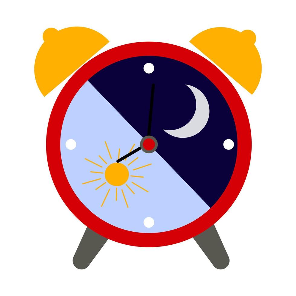 wekkerpictogram, egale kleur illustratie van een wekker met maan en zon, dag en nacht. vector geïsoleerd op een witte achtergrond