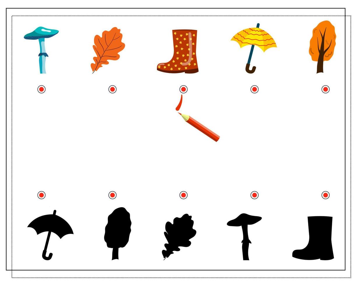 vind de juiste schaduw voor een paddenstoel, een laars, een boom, een paraplu. een logisch spel voor kinderen vector