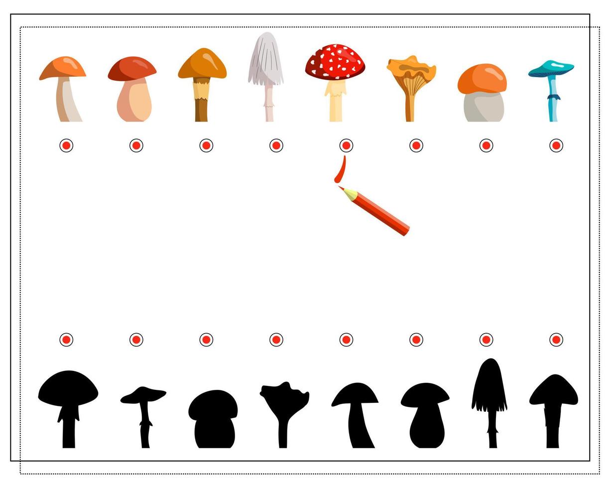 een logisch spel voor kinderen, vind de juiste schaduw voor paddenstoelen. vector