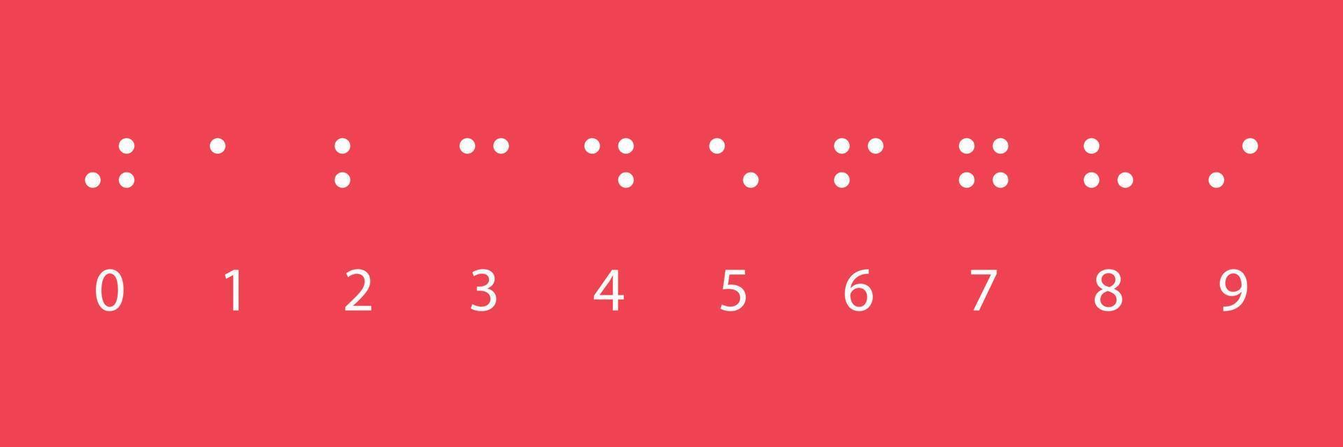 braille nummers. tactiel schrijfsysteem dat wordt gebruikt door mensen met een visuele handicap. vectorillustratie op rode achtergrond vector