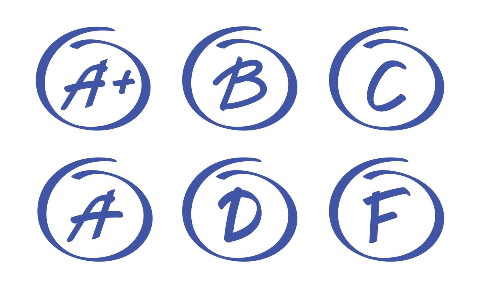 cijfer mark hand getekende set icoon. school test resultaat van het onderwijs. blauwe borden op een witte achtergrond. vector illustratie