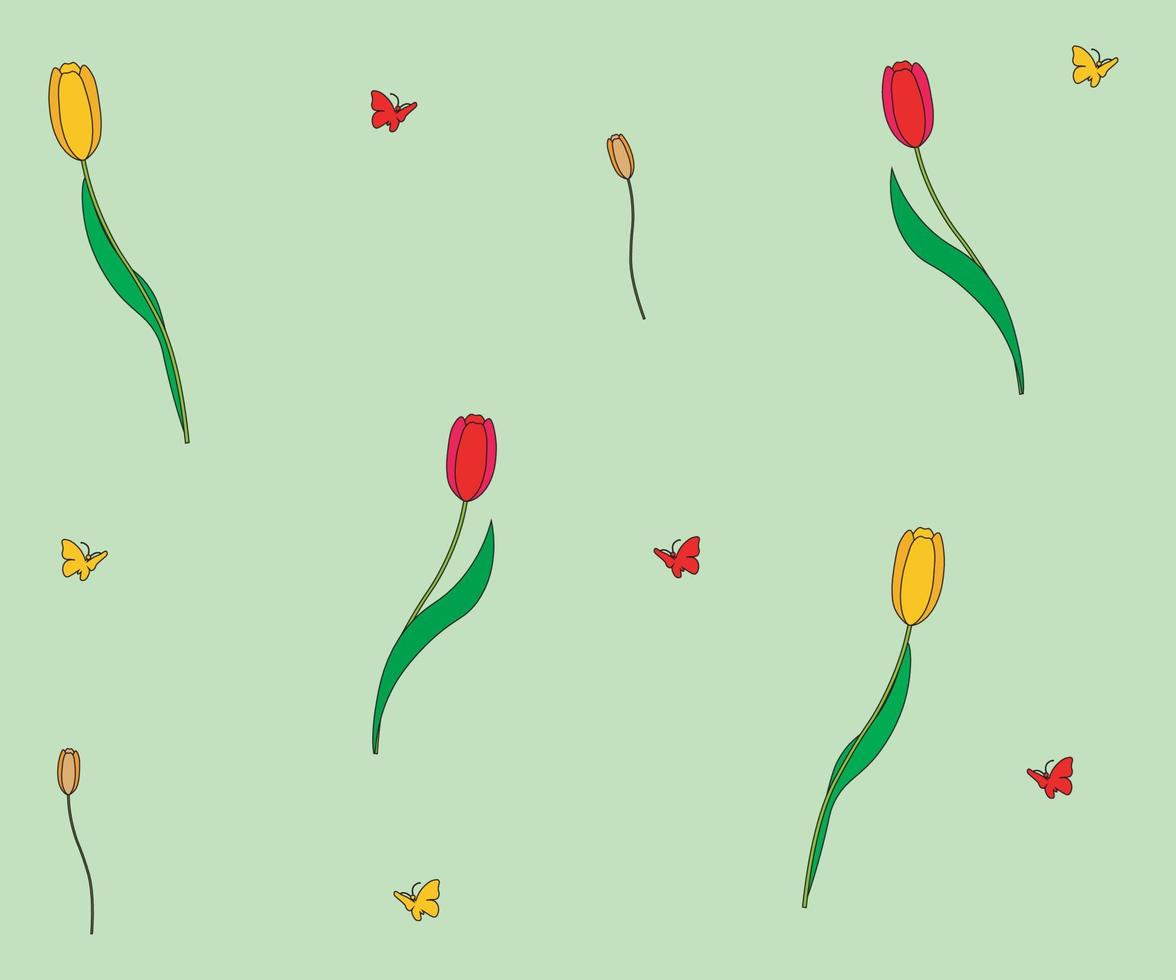 patroon van veelkleurige tulpen en vlinders op een groene achtergrond vector