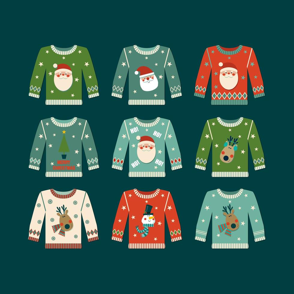 Kerstset van jumpers met Santa, herten, sneeuwpop en boom vector