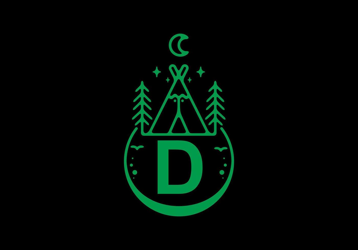 groene kleur van de eerste letter van de d in de badge van de campingcirkel vector