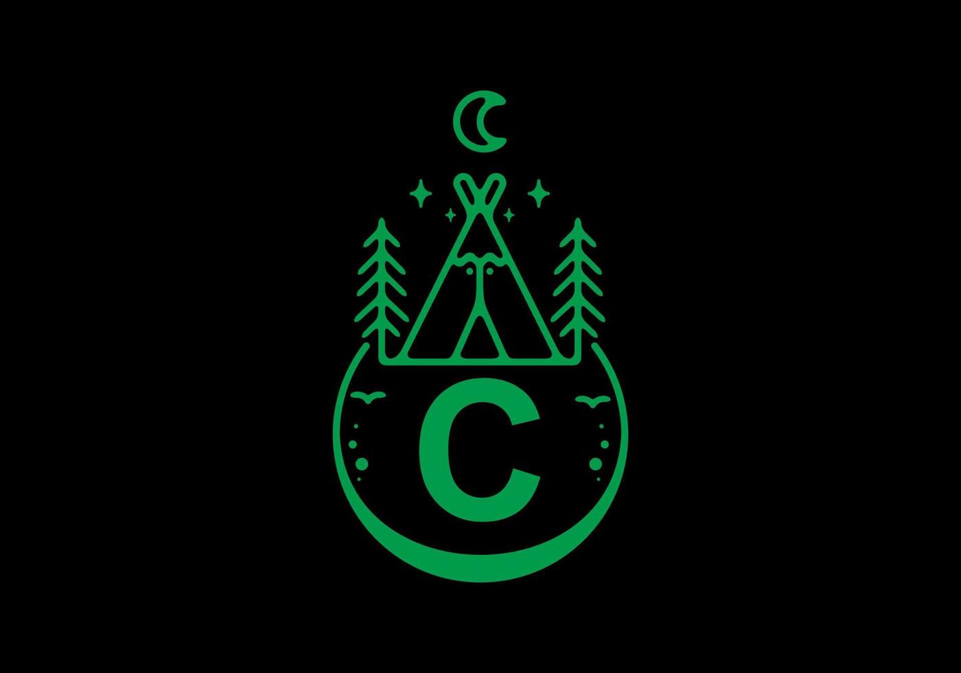 groene kleur van de eerste letter van de c in de badge van de campingcirkel vector