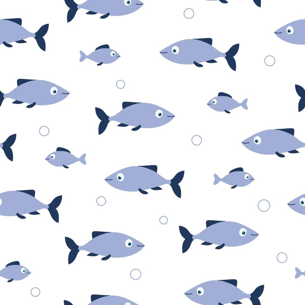 naadloos patroon van blauwe vissen en bellen op witte achtergrond. goed voor textiel, papier, achtergrond, scrapbooking. vector