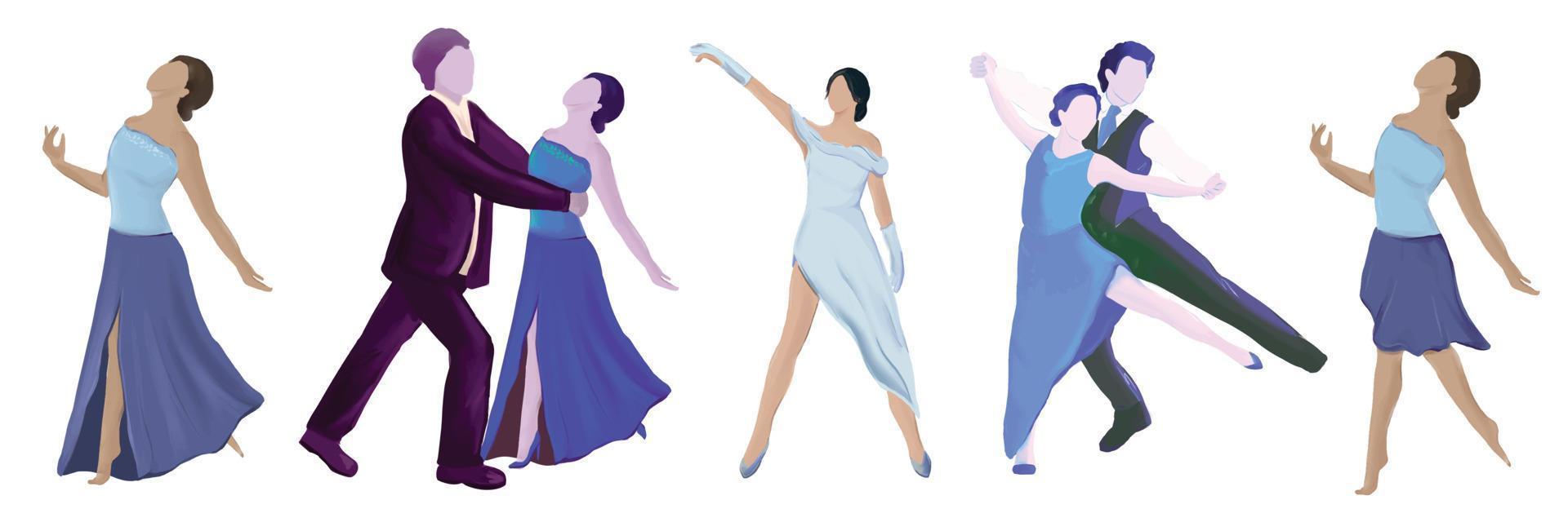 set van dansers dansen in de balzaal, tango, salsa, bachata, latijnse dansen, ballet, vectorillustratie vector