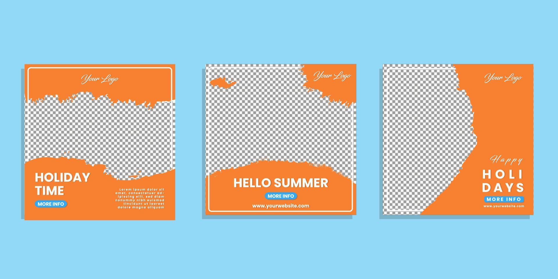 trendy bewerkbare collectie zomerflats social media posts in oranje en lichtblauw. bannerset voor sociale media. geschikt voor zakenmensen, reisbureaus, reisbureaus, toeristische attractie vector