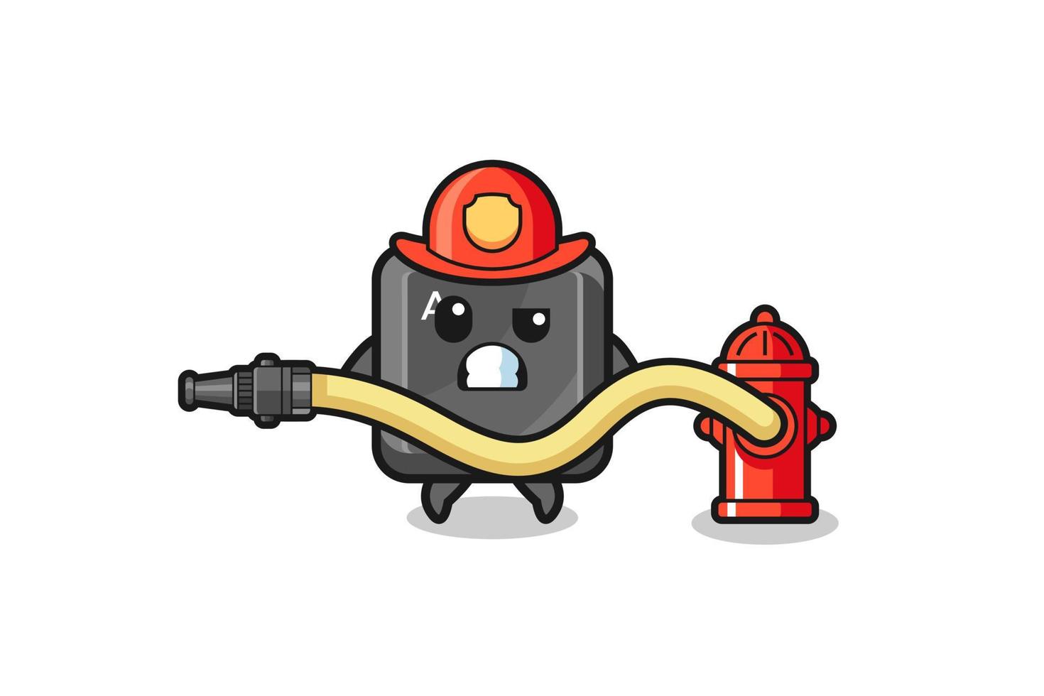 toetsenbord knop cartoon als brandweerman mascotte met waterslang vector