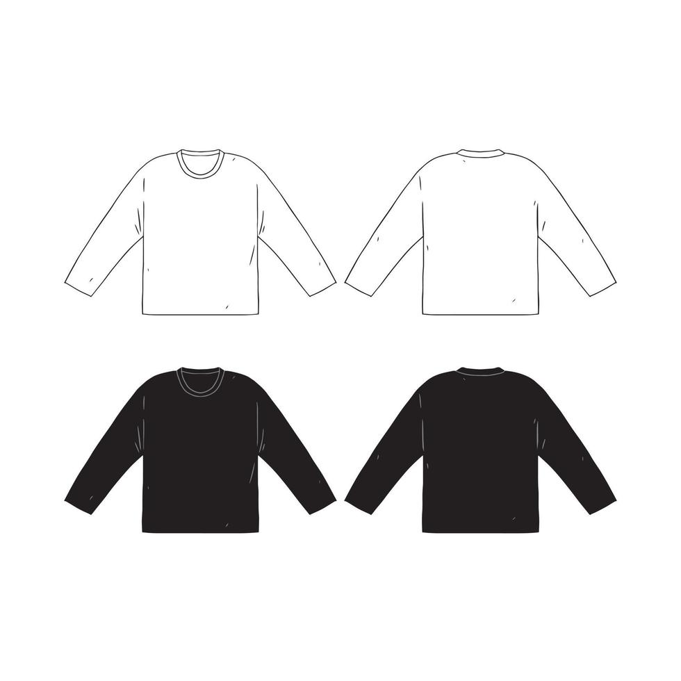 hand getekende vectorillustratie van lege lange mouw t-shirts template.front en achterkant shirt zijkanten. wit en zwart shirt op een witte achtergrond. vector