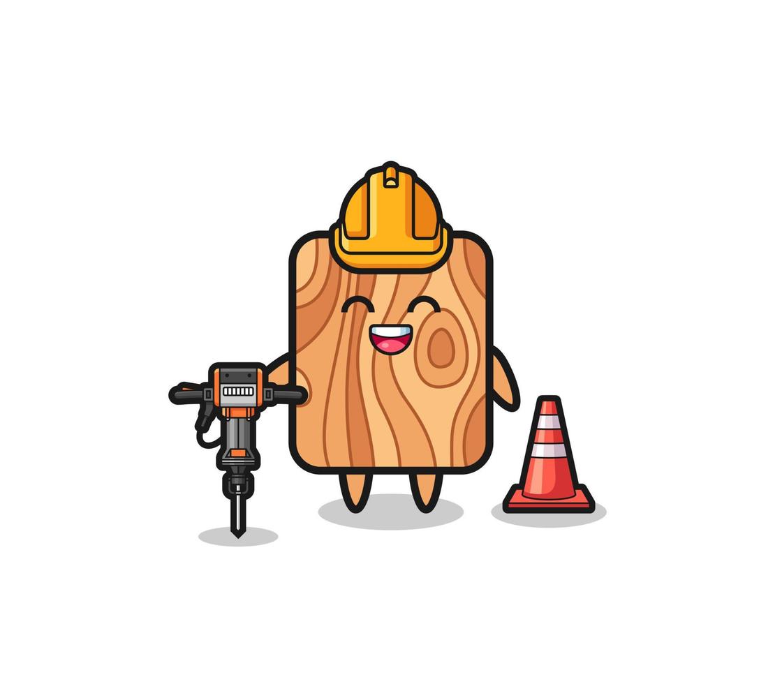 wegenwerker mascotte van plank hout met boormachine vector