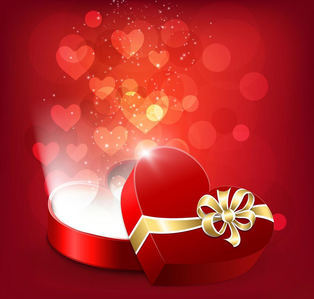 Open, rode, hartvormige geschenkdoos met drijvende harten vector