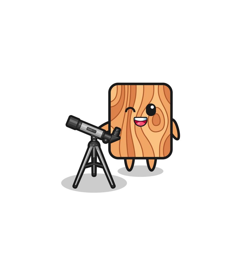 plank hout astronoom mascotte met een moderne telescoop vector