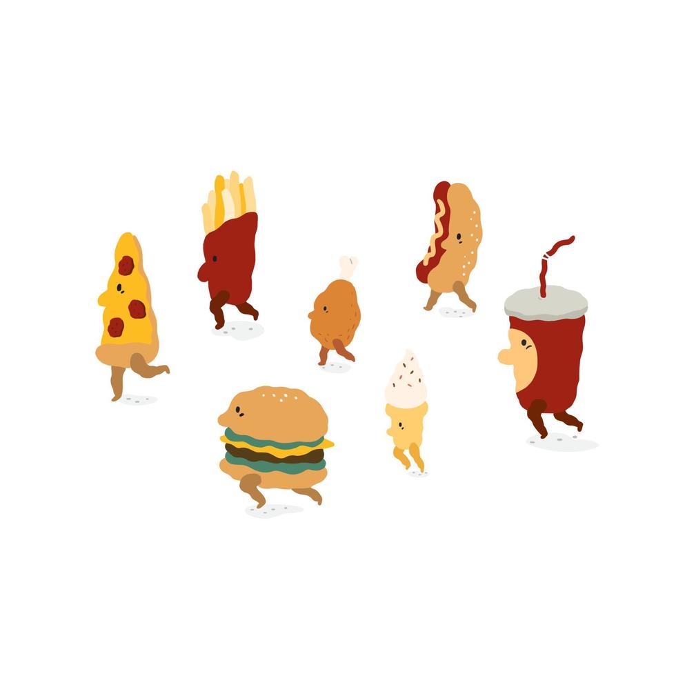 set van pizza, hamburger, frietjes, gebakken kip, ijs, hotdog, frisdrank drinken vectorillustratie. fastfood tekens lopen in cartoon stijl. vector