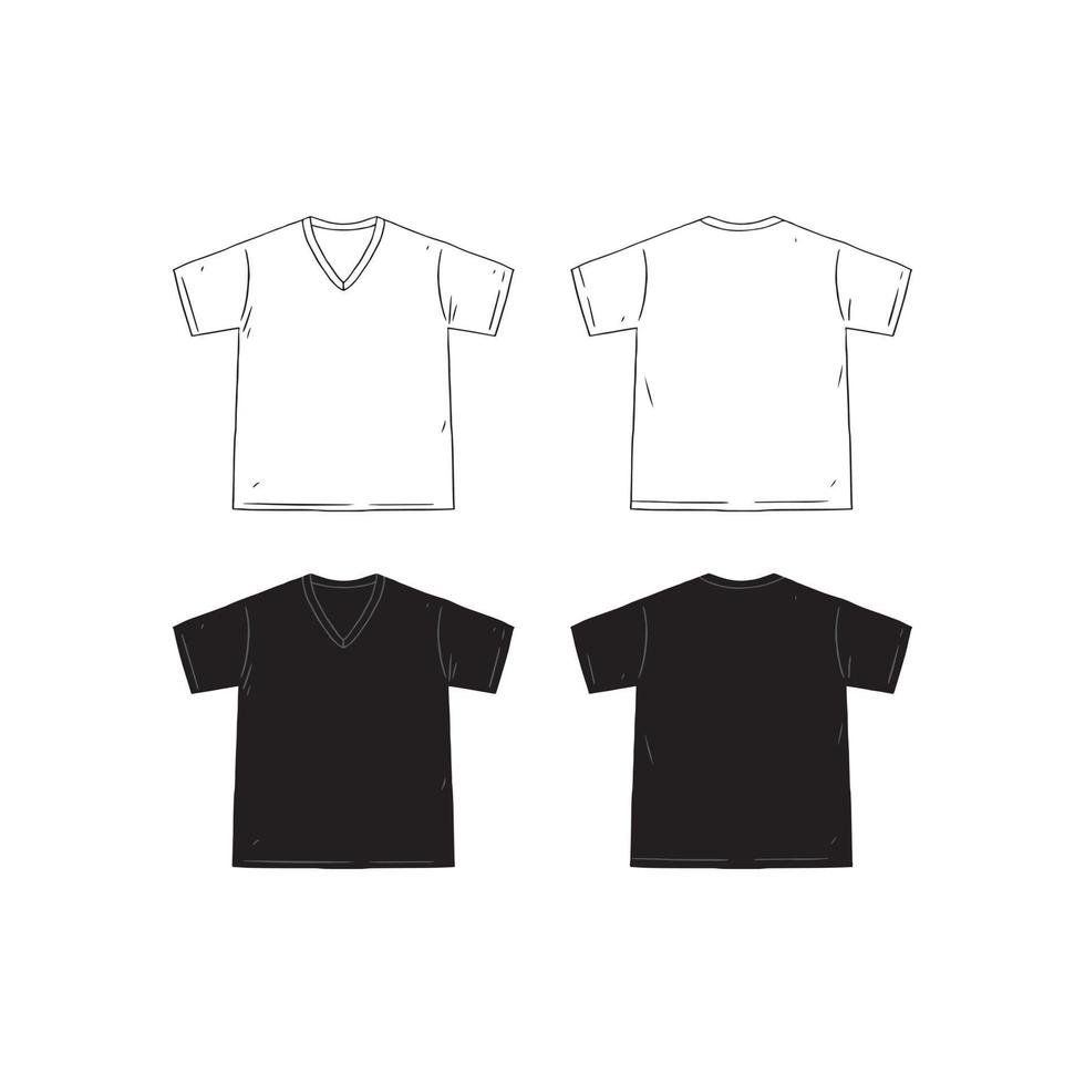 set van lege v-hals t-shirt ontwerp sjabloon hand getekende vectorillustratie. voor- en achterkant van het shirt. wit en zwart mannelijk t-shirt op witte achtergrond. vector