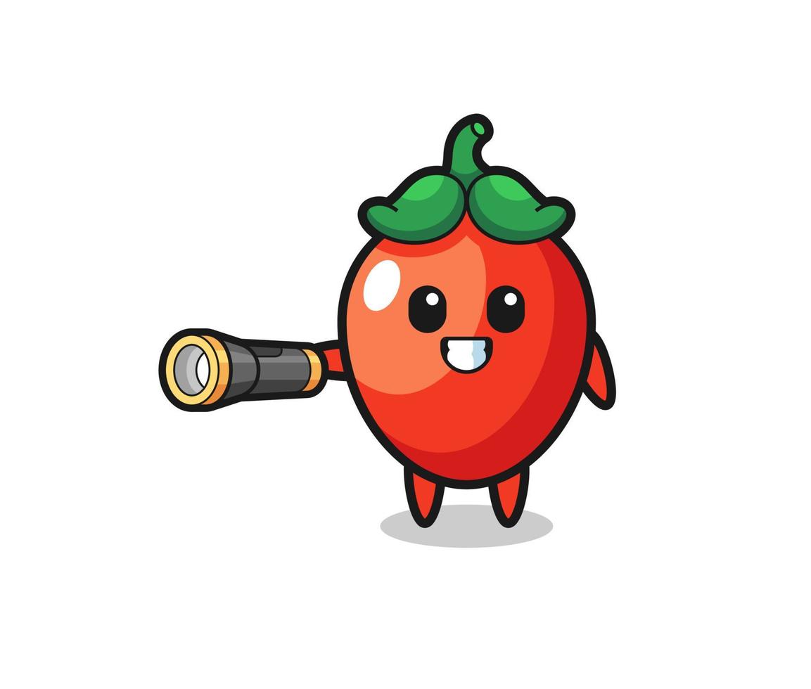 chili peper mascotte met zaklamp vector