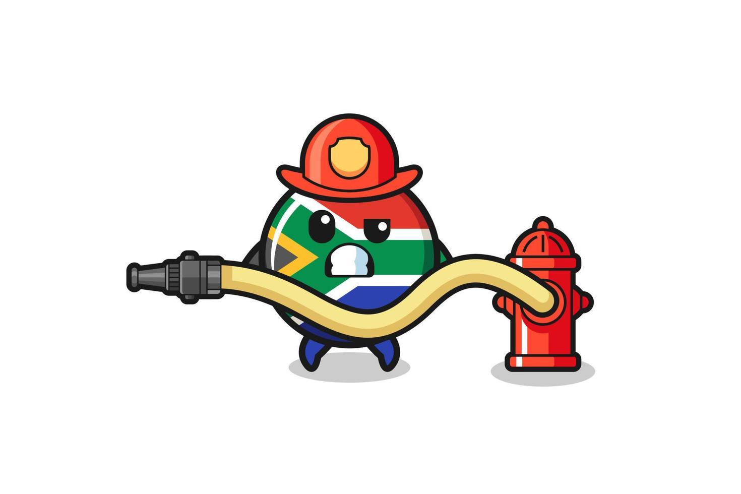 Zuid-Afrikaanse vlag cartoon als brandweerman mascotte met waterslang vector