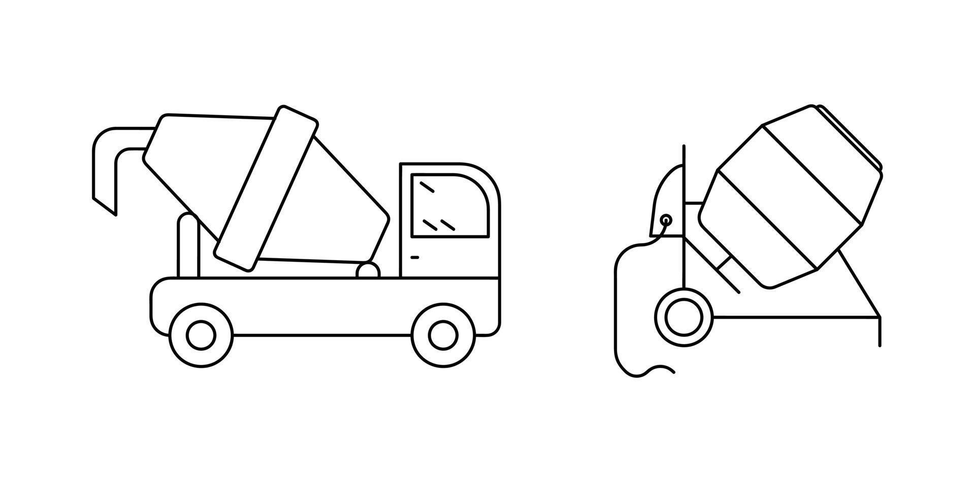 concrete convertor en vrachtwagenpictogramreeks. technische pictogrammen. bouw pictogrammen op witte achtergrond. technische lijn kunst vectorillustratie. cementverwerkingsmachine. bewerkbare lijnenset vector