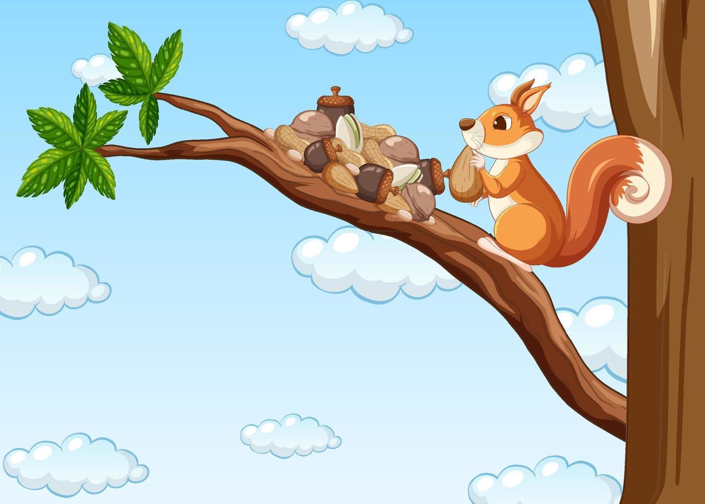 eekhoorn die noten aan de boom eet vector