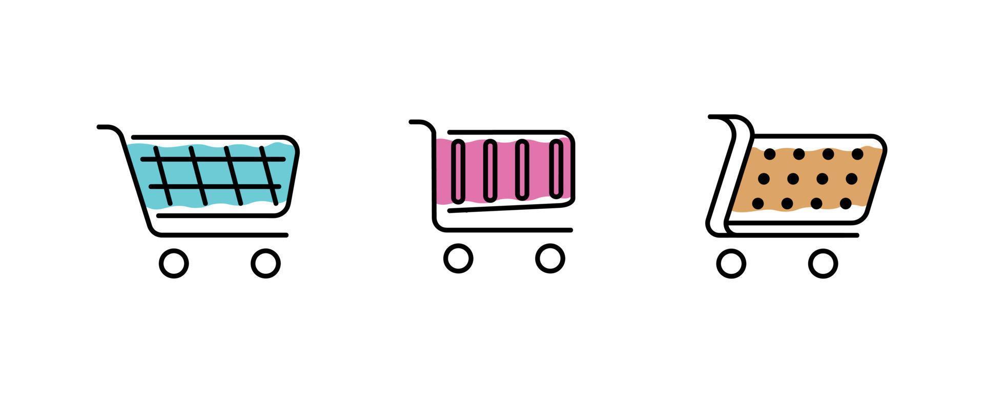 set van 3 verschillende en moderne kleurrijke winkelwagen pictogrammen. verzameling webpictogrammen van verschillende winkelwagenpictogrammen in verschillende vormen voor online winkel. moderne pictogrammen gevuld met kleur binnen. kunstlijn vector