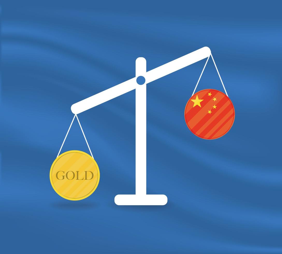 munt rond geel goud op weegschaal en de economiesaldi van het land van chinees. goud stijgt, de valutawaarde van het land daalt. geldwaarde en koopkrachtverandering. vector