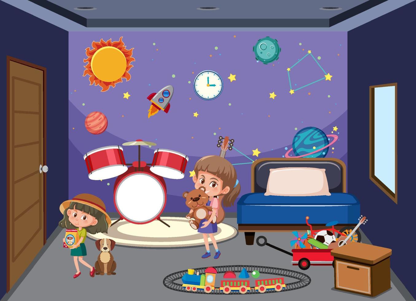 slaapkamer in de ruimte galxy thema met kinderen stripfiguur vector