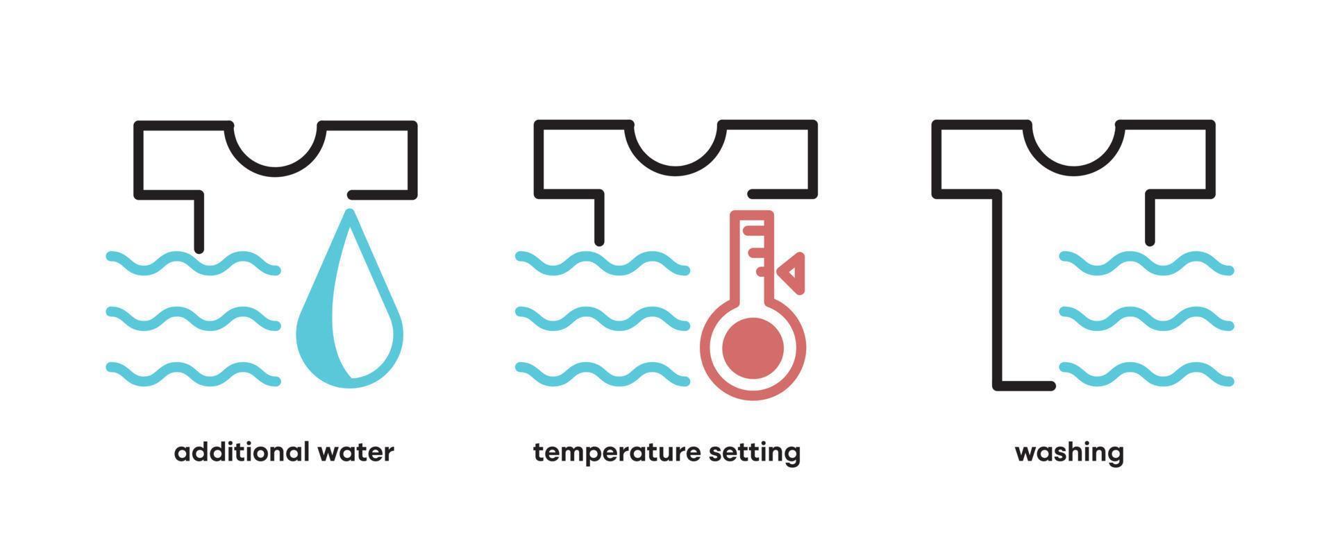 set van was- en waspictogrammen. dergelijke symbolen omvatten onderwerpen als extra wassen met water, hete temperatuur en intensief wassen. kleurrijke waspictogramreeks. bewerkbare streek. logo, web en app en soortgelijk pictogram. vector