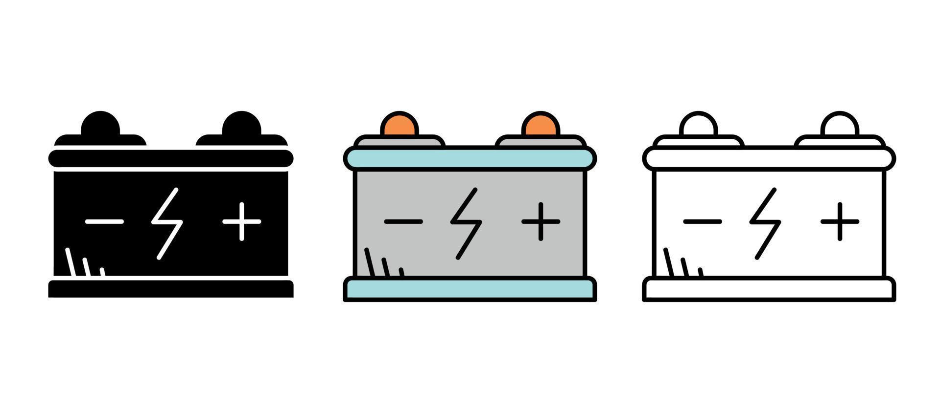 voertuigen batterij en opladen icon set. batterij met negatieve en positieve polariteit. auto-onderdelen lijn pictogrammen. auto productie pictogramserie. silhouet, kleurrijke en lineaire set. vector