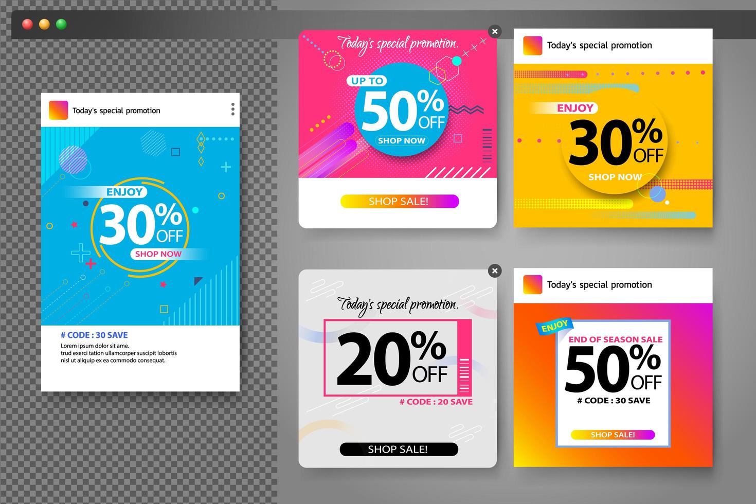 Minimale kleurrijke geometrische verkoop banner set voor sociale media sjablonen vector