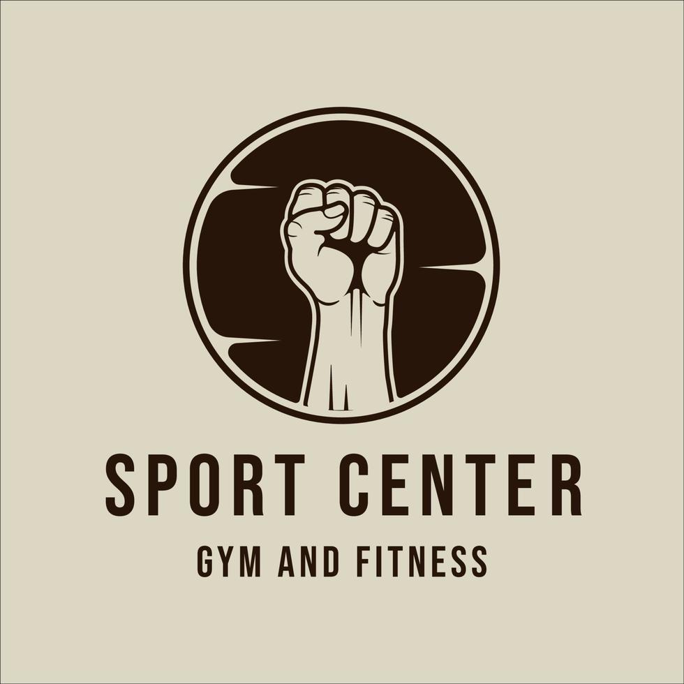 hand vuist sportschool logo vector vintage illustratie sjabloon pictogram grafisch ontwerp. fitness- of bodybuildingcentrumteken of symbool voor sportzaken met cirkelbadge