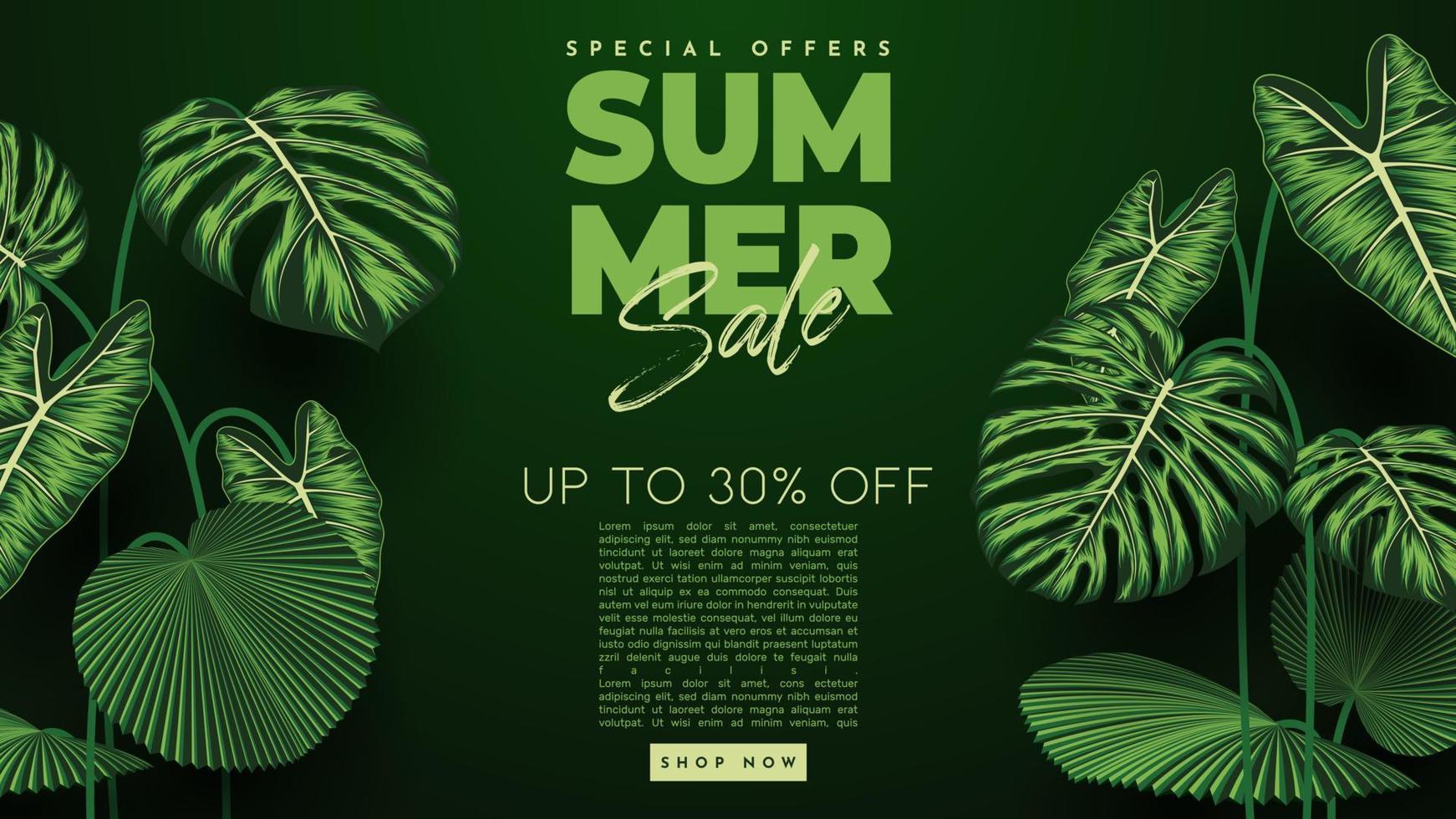 zomer verkoop banner met tropische bladeren achtergrond. vector illustratie