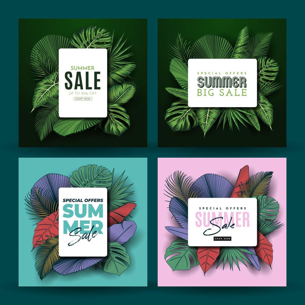 zomer verkoop banner met tropische bladeren achtergrond. vector illustratie