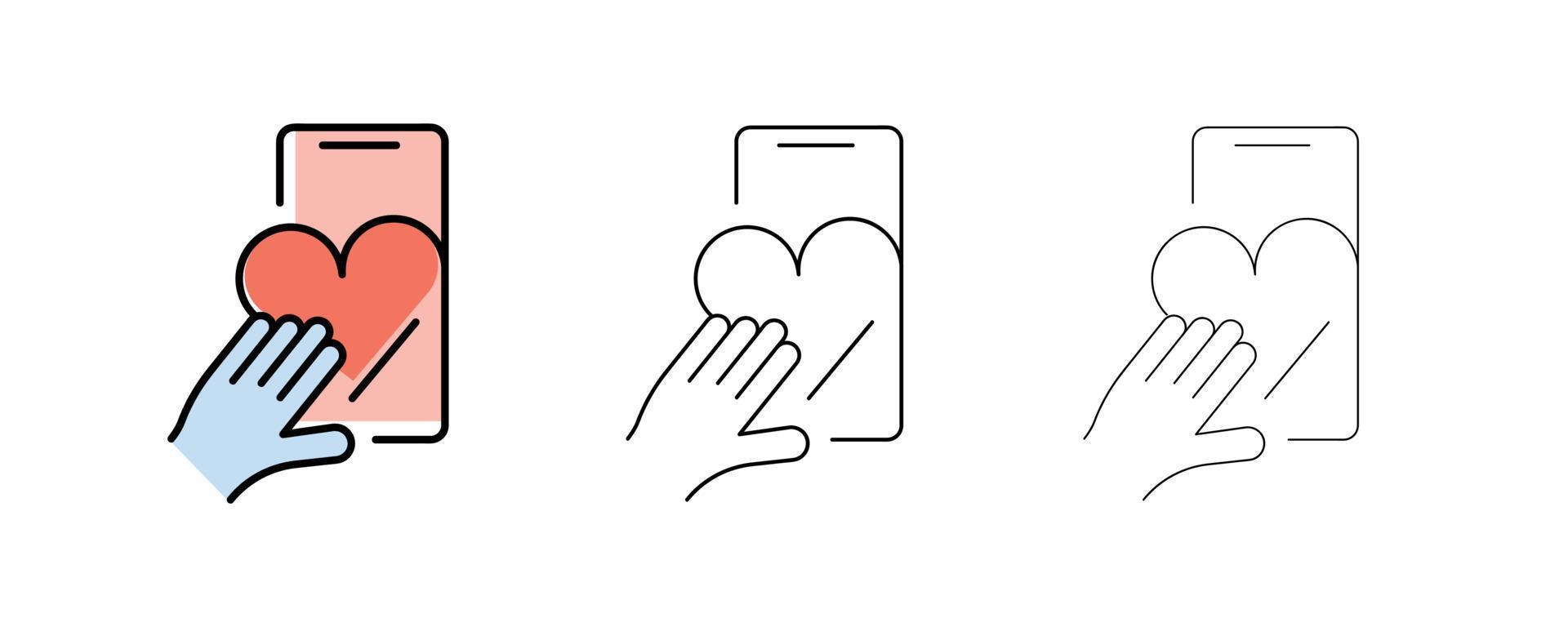 een hand raakt de telefoon aan met een bericht dat een hart verzendt. liefde lijn pictogrammen. paar, romantiek en hartrecensies. Valentijnsdag gedichten. hoogwaardige ontwerpelementen. bewerkbare contour. vector