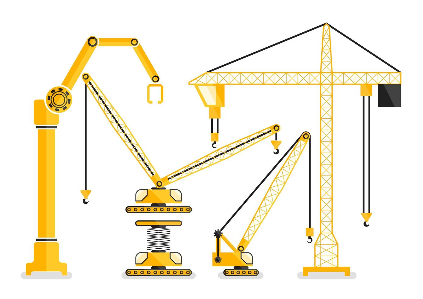 Set van bouwmachine gele kraan in plat ontwerp vector