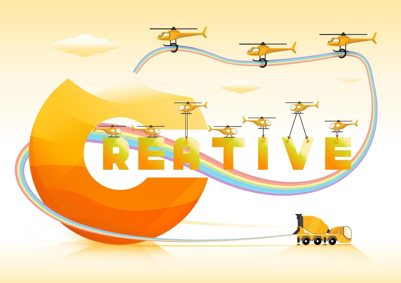 Creatieve tekst met regenboogbuis, cementvrachtwagen en het vliegen met gele helikopters vector