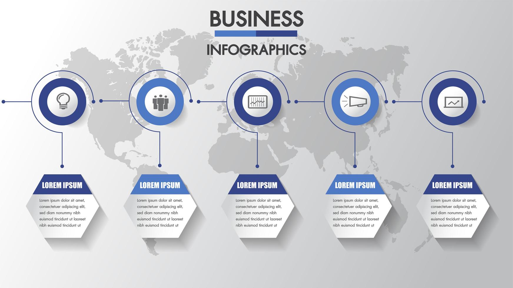 Zakelijke infographics tijdlijn met 6 cirkel- en zeshoek stappen vector