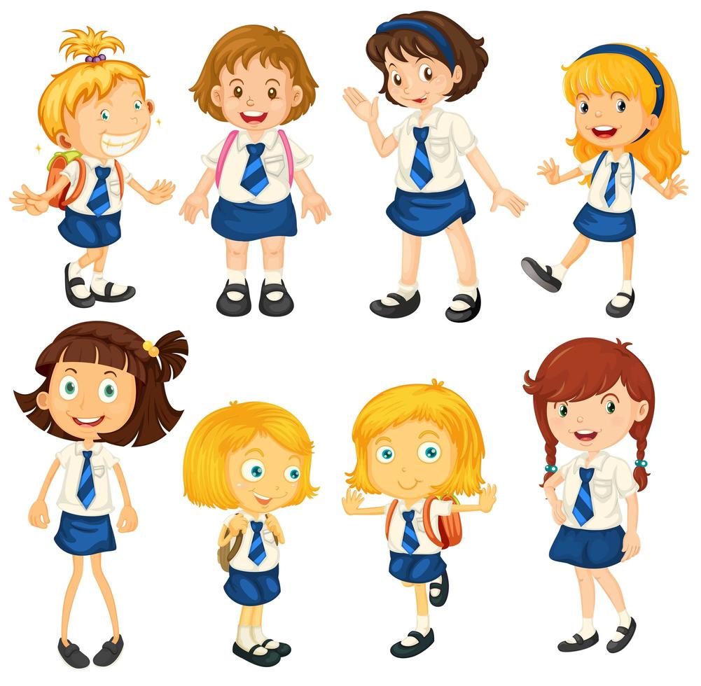 Acht schoolmeisjes in hun uniform vector