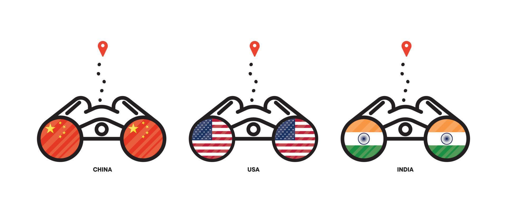 land vlaggen locatie pictogrammen. landlocaties bekijken met een verrekijker, locatiepictogrammen voor reizen. vlaggen van china, vs, india. bewerkbare streek. vector