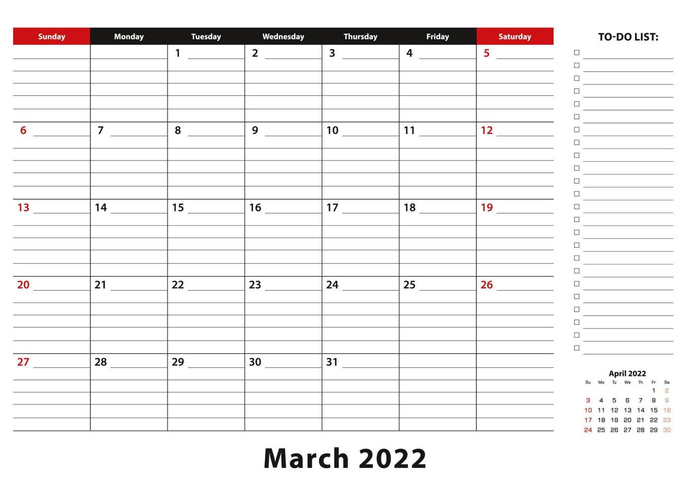 maart 2022 maandelijkse bureaulegger kalenderweek begint vanaf zondag, formaat a3. vector
