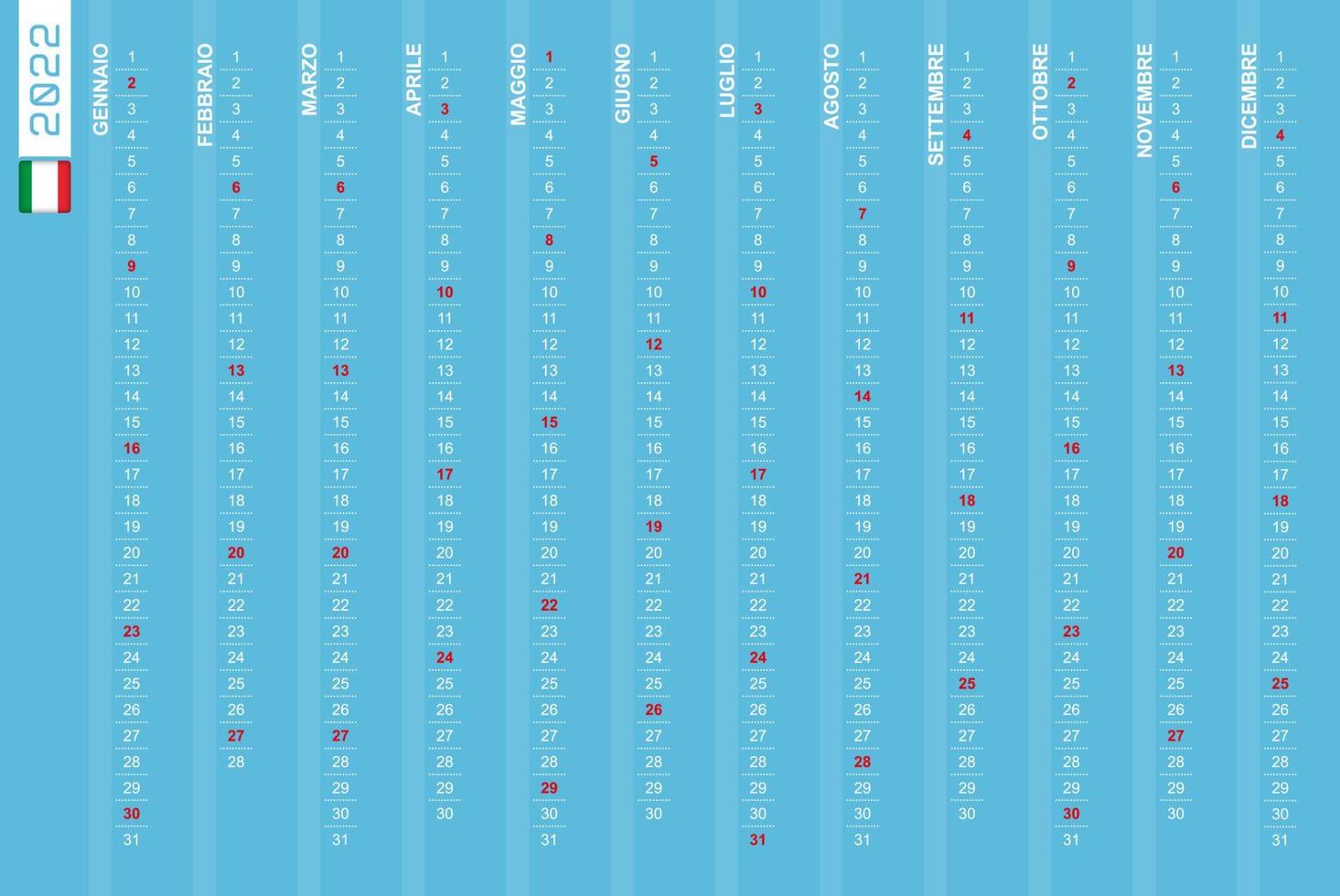 verticale kalender met één rij voor het jaar 2022 in het Italiaans. Italiaanse kalender voor 2022 met gemarkeerde zondagen. vector