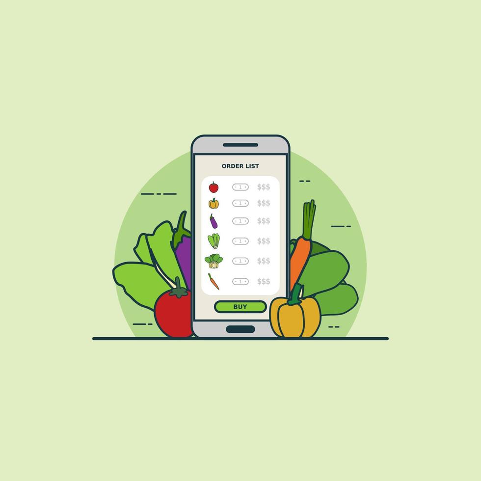 illustratie om online groente te kopen met smartphoneconcept. ontwerp vector met vlakke stijl