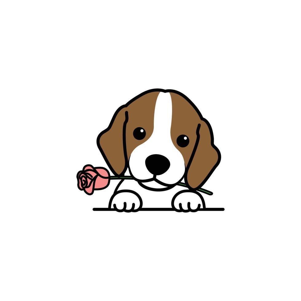schattige beagle puppy met een roos in de mond tekenfilm, vectorillustratie vector