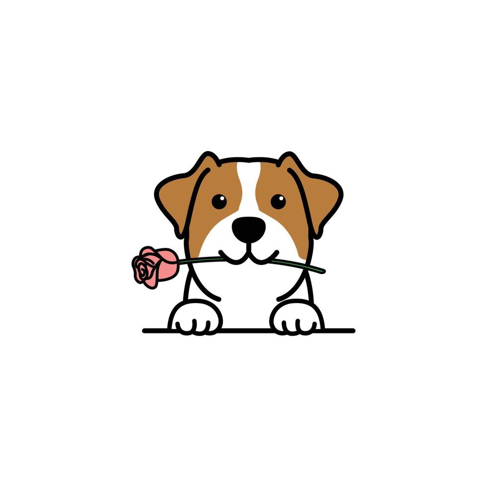 schattig jack russell terrier puppy met een roos in de mond tekenfilm, vectorillustratie vector