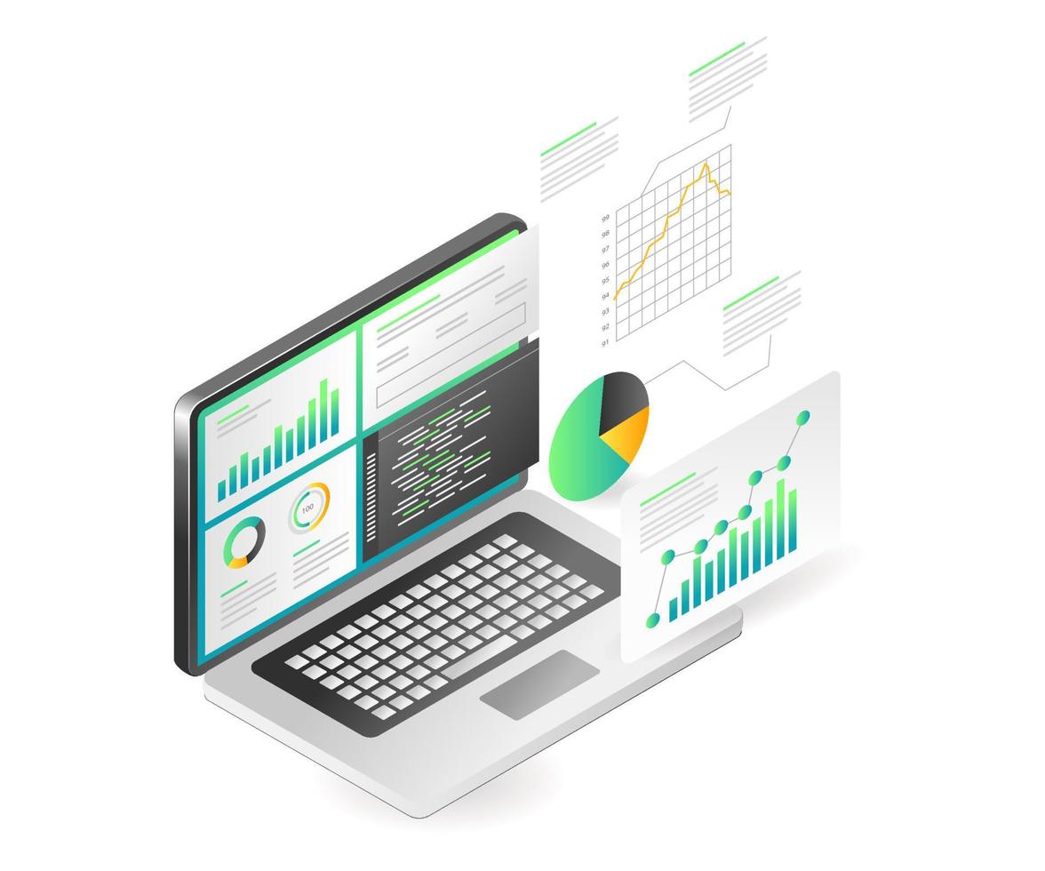 bestemmingspagina concept platte isometrische illustratie. computer data analist programmeur vector