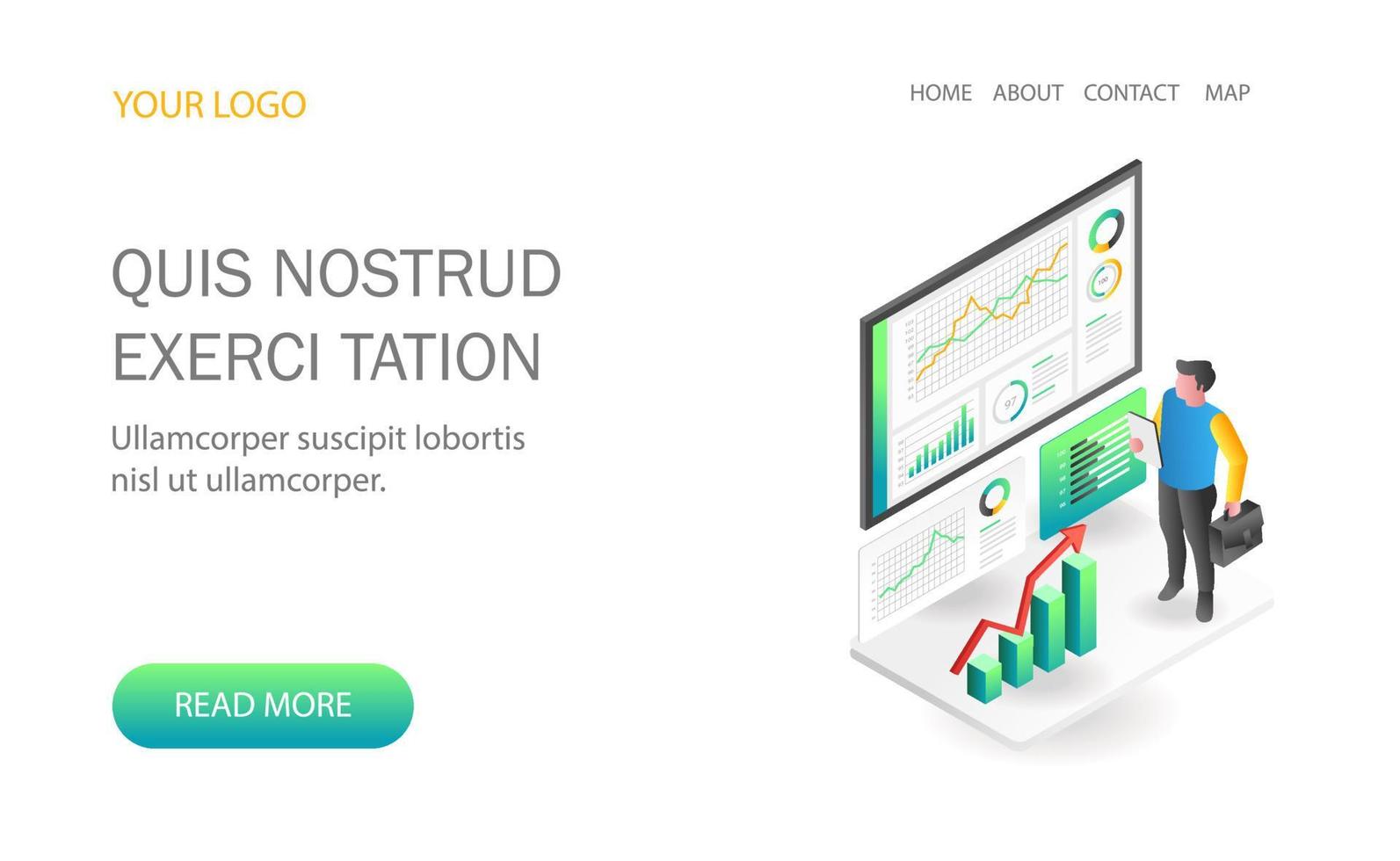 bestemmingspagina concept platte isometrische illustratie. data-analyse en hosting bedrijf vector