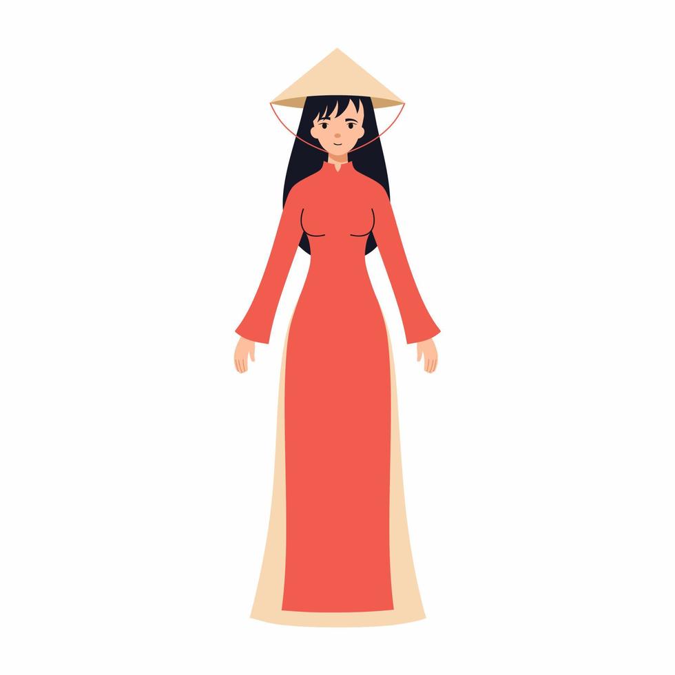mooie vietnamese vrouw in traditionele kleding en hoofdtooi. mensen van Vietnam. vectorsymbool in vlakke stijl. Aziatisch meisje in lange jurk. vector