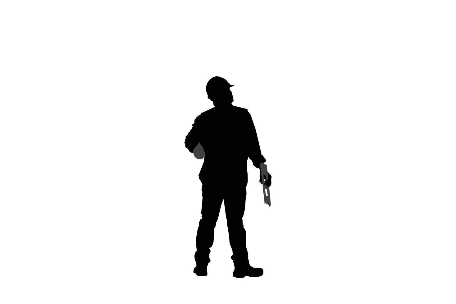 vector illustratie silhouet van ingenieur in harde hoed, werknemer gebouw niveau op witte background