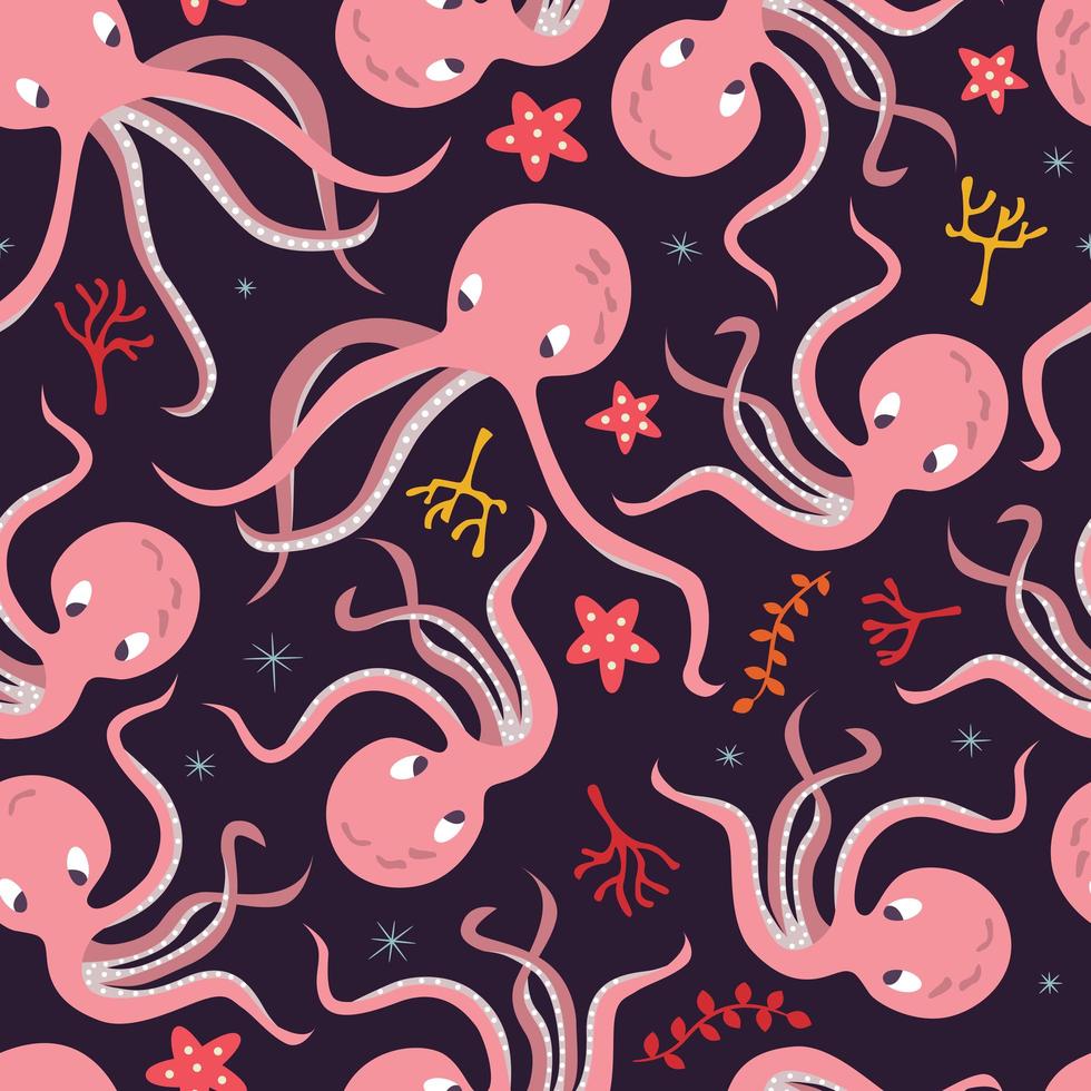 Naadloos patroon met leuke octopus en zeester vector